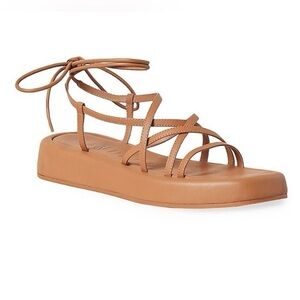 Loeffler Randall Beau Leather Strappy Lace Up Flatform Sandals Tan Size 9